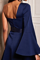 Load image into Gallery viewer, Navy Satin One Shoulder Tight Short Cocktail Dress with Sleeves