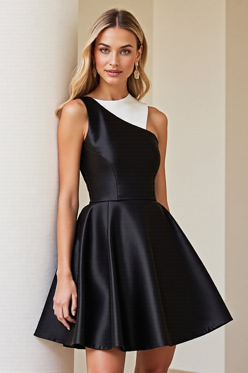 Load image into Gallery viewer, Simple Black and White Patchwork Satin A Line Short Cocktail Dress