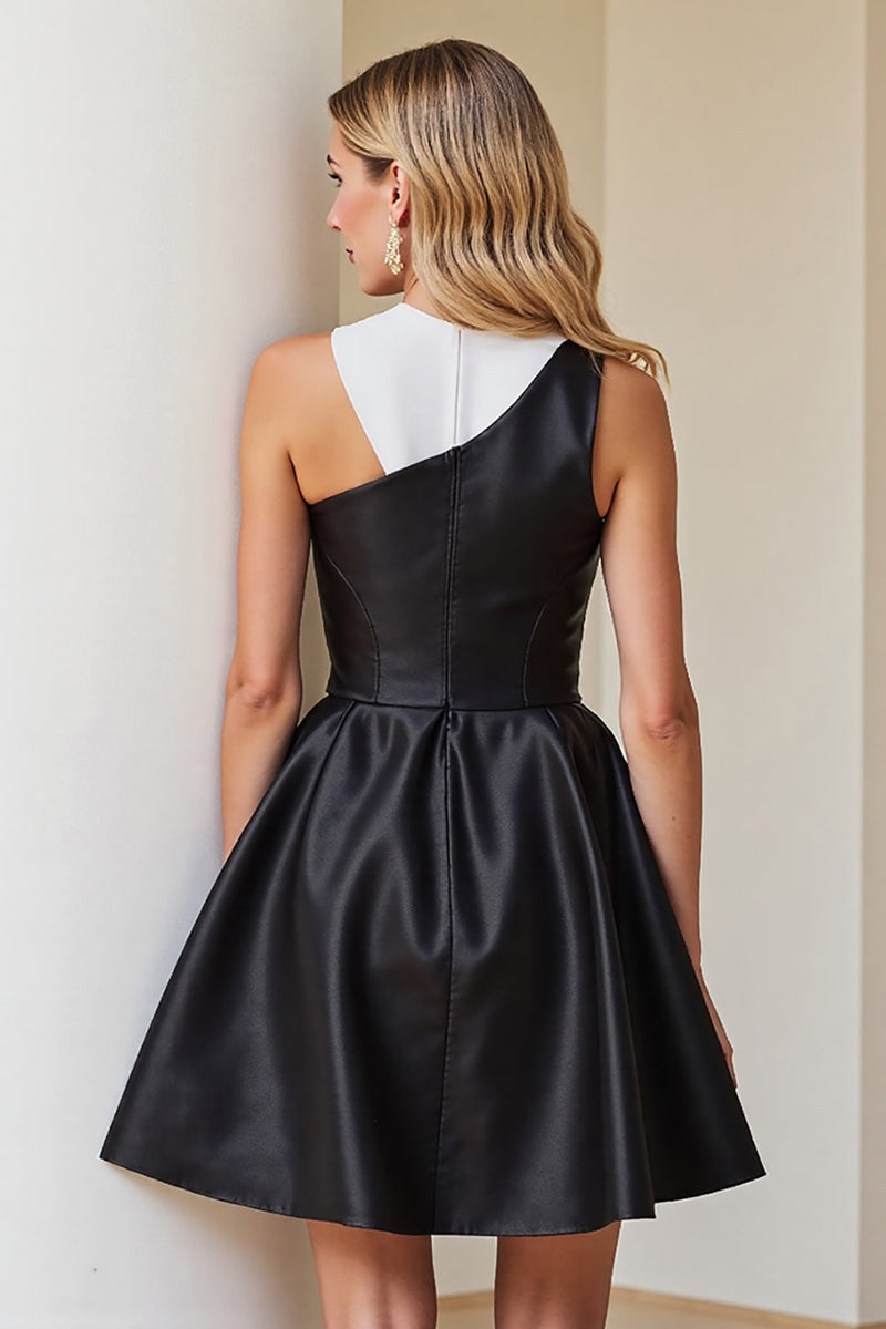 Load image into Gallery viewer, Simple Black and White Patchwork Satin A Line Short Cocktail Dress