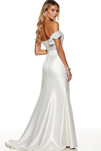 White Sheath Polka Dots Maxi Satin Formal Dress with Slit