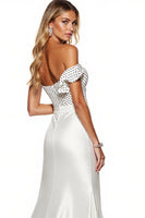 Load image into Gallery viewer, White Sheath Polka Dots Maxi Satin Formal Dress with Slit