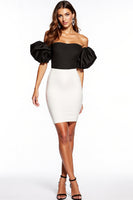 Load image into Gallery viewer, Black and White Patchwork Strapless Puff Sleeves Short Tight Cocktail Dress
