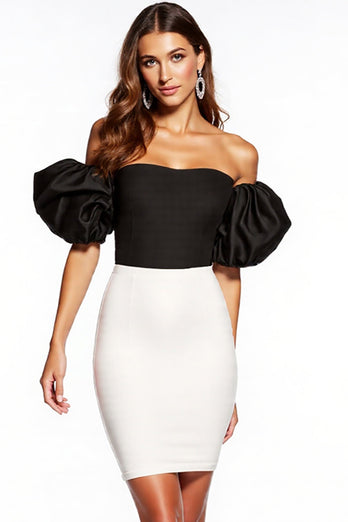 Black and White Patchwork Strapless Puff Sleeves Short Tight Cocktail Dress