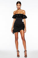 Load image into Gallery viewer, Black Off the Shoulder Short Satin Cocktail Dress with Ruffles