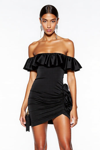 Black Off the Shoulder Short Satin Cocktail Dress with Ruffles