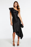 Load image into Gallery viewer, Black Satin One Shoulder Tight Midi Cocktail Dress with Ruffles