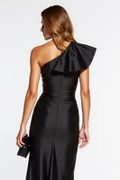 Load image into Gallery viewer, Black Satin One Shoulder Tight Midi Cocktail Dress with Ruffles