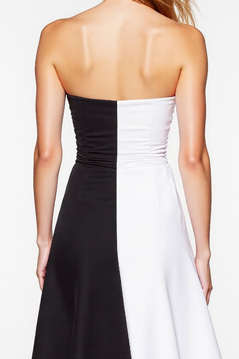 Load image into Gallery viewer, Black and White Patchwork Strapless Short Cocktail Dress with Slit