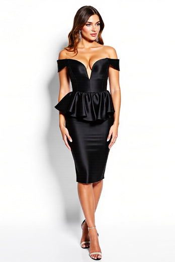 Black Corset Off the Shoulder Midi Satin Cocktail Dress with Ruffles