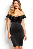Load image into Gallery viewer, Black Off the Shoulder Ruffled Short Satin Cocktail Dress