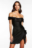 Load image into Gallery viewer, Satin Black Off the Shoulder Ruched Short Cocktail Dress with Ruffles