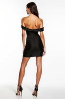Load image into Gallery viewer, Satin Black Off the Shoulder Ruched Short Cocktail Dress with Ruffles