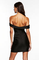 Load image into Gallery viewer, Satin Black Off the Shoulder Ruched Short Cocktail Dress with Ruffles