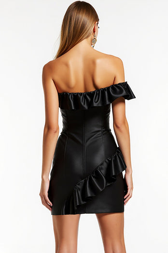Black Short Satin One Shoulder Bodycon Cocktail Dress with Ruffles