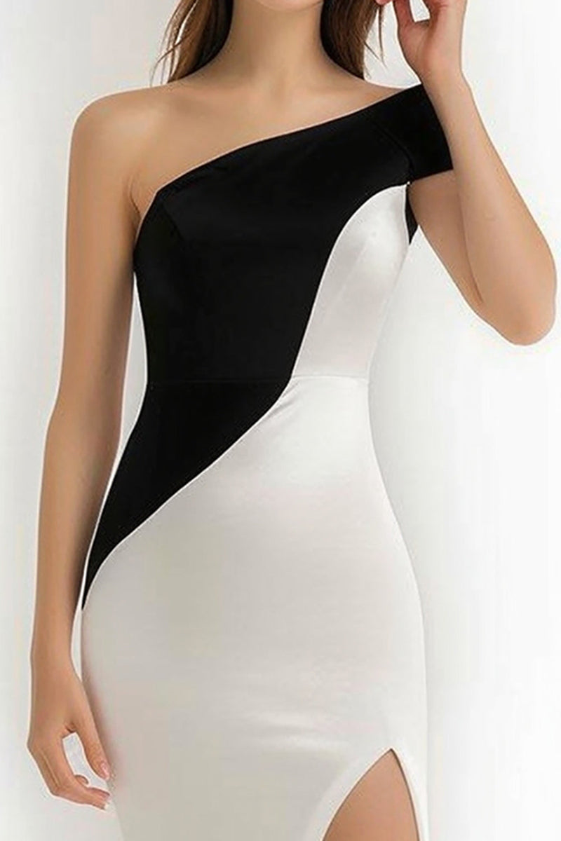 Load image into Gallery viewer, Black and White Patchwork One Shoulder Short Cocktail Dress with Slit