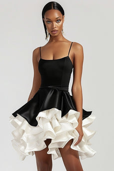 Black and White Patchwork Tiered Short Satin Cocktail Dress with Ruffles