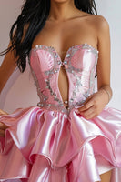 Load image into Gallery viewer, Sparkly Pink Strapless Ruffled Short Prom Dress with Pearls