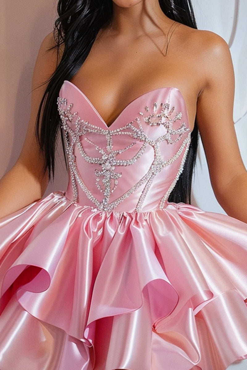 Load image into Gallery viewer, Sparkly Pink Ruffled Strapless Short Satin Prom Dress with Beading