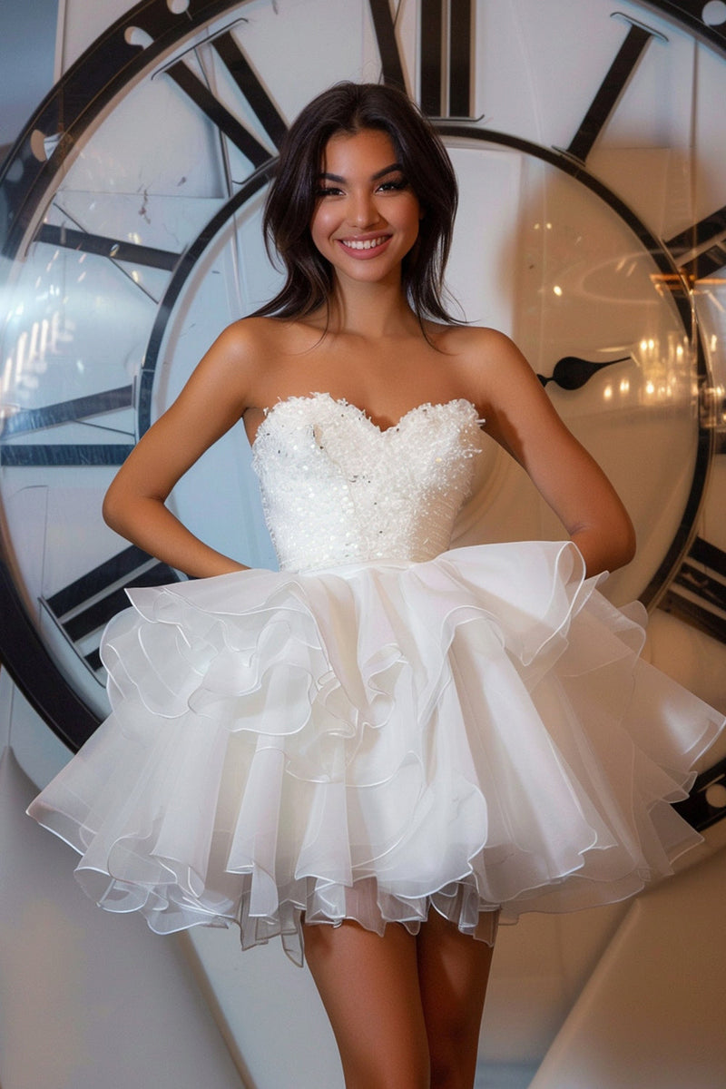 Load image into Gallery viewer, Women Sparkly White Birthday Celebrations Sweetheart Short Prom Dress with Sequins Organza Tiered A Line Cocktail Dress with Ruffles