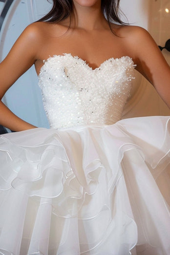 Sparkly White Sweetheart Ruffled Short Prom Dress with Sequins