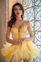 Load image into Gallery viewer, Sparkly Yellow Lace Up Front Strapless Short Prom Dress with Ruffles
