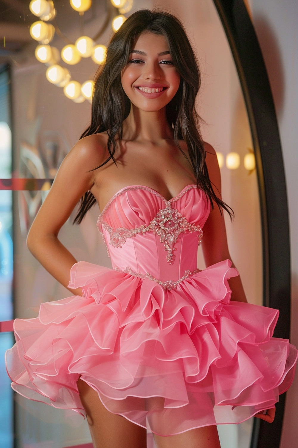 Sparkly Hot Pink Corset Sweetheart Short Prom Dress with Ruffles