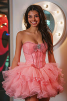 Load image into Gallery viewer, Sparkly Hot Pink Ruffled Corset Short Prom Dress with Beading
