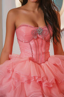 Load image into Gallery viewer, Sparkly Hot Pink Ruffled Corset Short Prom Dress with Beading