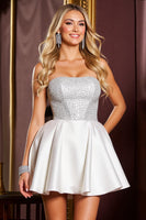 Load image into Gallery viewer, Sparkly White Satin Strapless Beaded Short Prom Dress