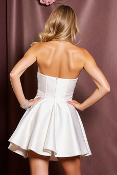 Sparkly White Satin Strapless Beaded Short Prom Dress