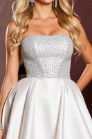 Load image into Gallery viewer, Sparkly White Satin Strapless Beaded Short Prom Dress