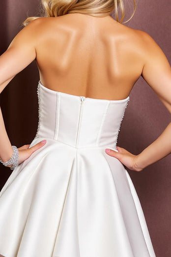 Sparkly White Satin Strapless Beaded Short Prom Dress