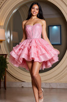 Load image into Gallery viewer, Pink Sparkly Sweetheart Ruffled Short Prom Dress with Beading