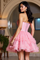 Load image into Gallery viewer, Pink Sparkly Sweetheart Ruffled Short Prom Dress with Beading