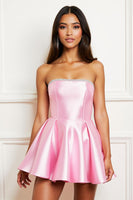 Load image into Gallery viewer, Pink Sparkly Satin Strapless Short Prom Dress with Beading