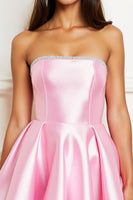 Load image into Gallery viewer, Pink Sparkly Satin Strapless Short Prom Dress with Beading