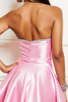Load image into Gallery viewer, Pink Sparkly Satin Strapless Short Prom Dress with Beading