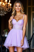 Load image into Gallery viewer, Purple Tulle Sparkly Short Corset Prom Dress with Beading