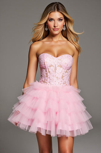 Sweetheart Pink Tiered Ruffled Short Corset Prom Dress