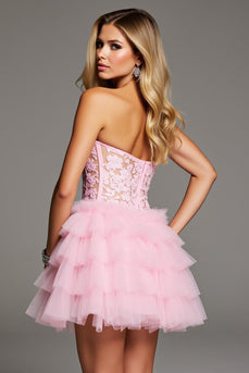 Sweetheart Pink Tiered Ruffled Short Corset Prom Dress