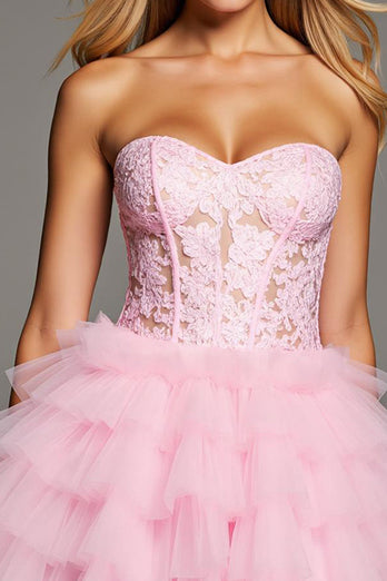 Sweetheart Pink Tiered Ruffled Short Corset Prom Dress