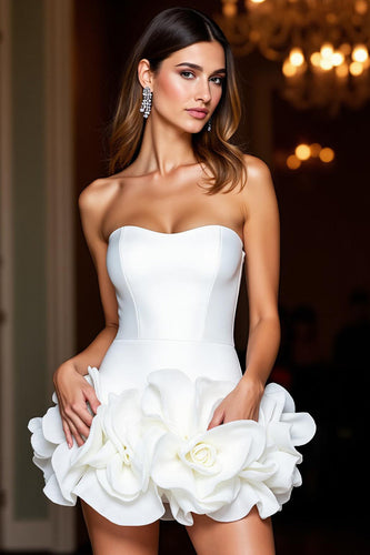 Floral White Strapless Satin Tight Short Prom Dress