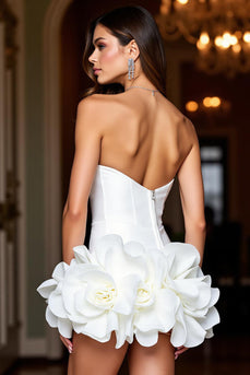 Floral White Strapless Satin Tight Short Prom Dress