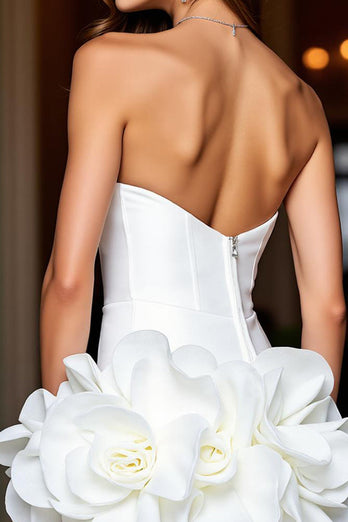 Floral White Strapless Satin Tight Short Prom Dress