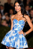 Load image into Gallery viewer, Floral White and Blue A Line Satin Sweetheart Short Prom Dress