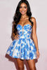 Load image into Gallery viewer, Floral White and Blue A Line Satin Sweetheart Short Prom Dress