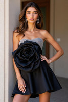 Load image into Gallery viewer, Black Sparkly Satin Sweetheart Short Prom Dress with 3D Flower