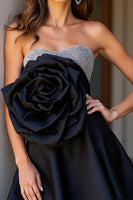 Load image into Gallery viewer, Black Sparkly Satin Sweetheart Short Prom Dress with 3D Flower