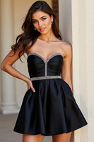 Load image into Gallery viewer, Black Sparkly Satin A Line Beaded Short Prom Dress