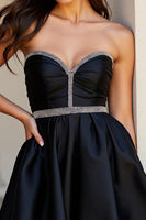 Load image into Gallery viewer, Black Sparkly Satin A Line Beaded Short Prom Dress